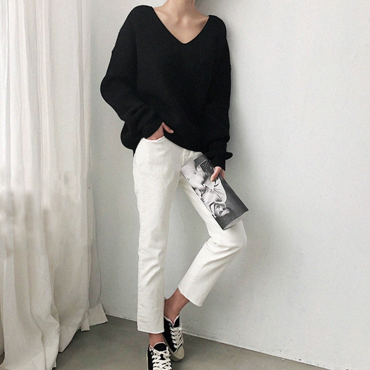 Women's Loose Style V Neck Sweaters