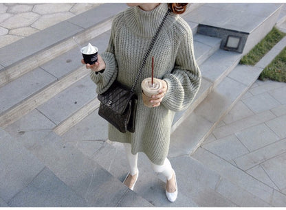 Autumn/Winter Women’s Thick Long Sweater – Lantern Sleeve, Side Slit Half Turtleneck Oversized Pullover for Winter