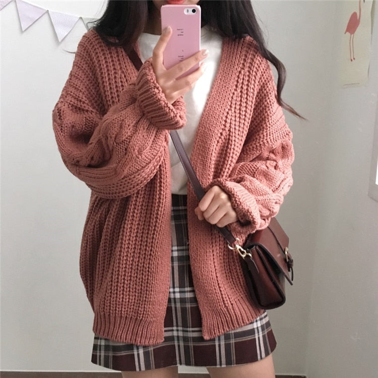 Women's Oversized Brown Knit Sweater | Autumn/Winter New Korean Fashion Long Sleeve Twisted Knit Cardigan Coat