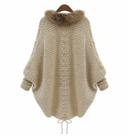 Women's Knitted Cardigan with Fur Collar, Bat Sleeve Loose Sweater Coat