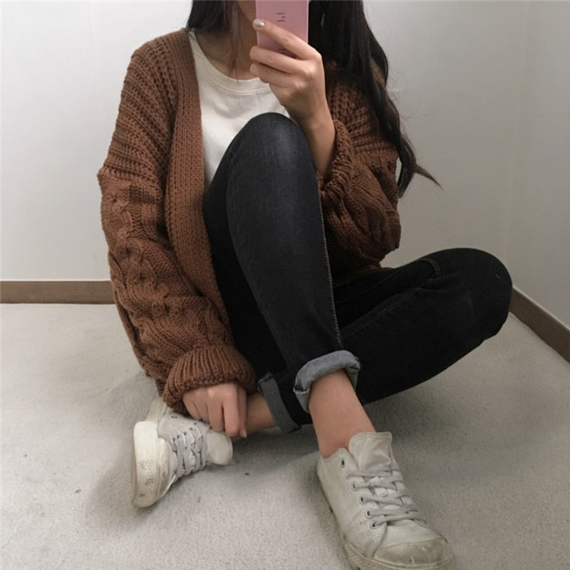 Women's Oversized Brown Knit Sweater | Autumn/Winter New Korean Fashion Long Sleeve Twisted Knit Cardigan Coat