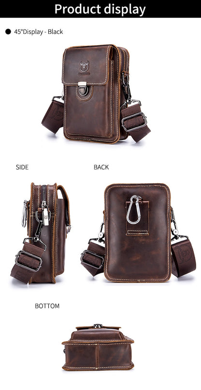 Multi-Functional Crazy Horse Leather Phone Waist Bag for Men – Cowhide Crossbody & Belt Bag