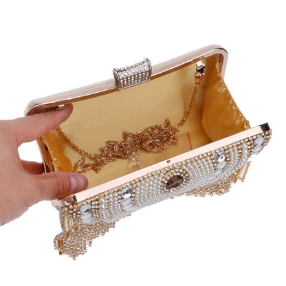 Rhinestone Tassel Clutch – Beaded Metal Evening Bag with Chain Shoulder Messenger Purse for Weddings