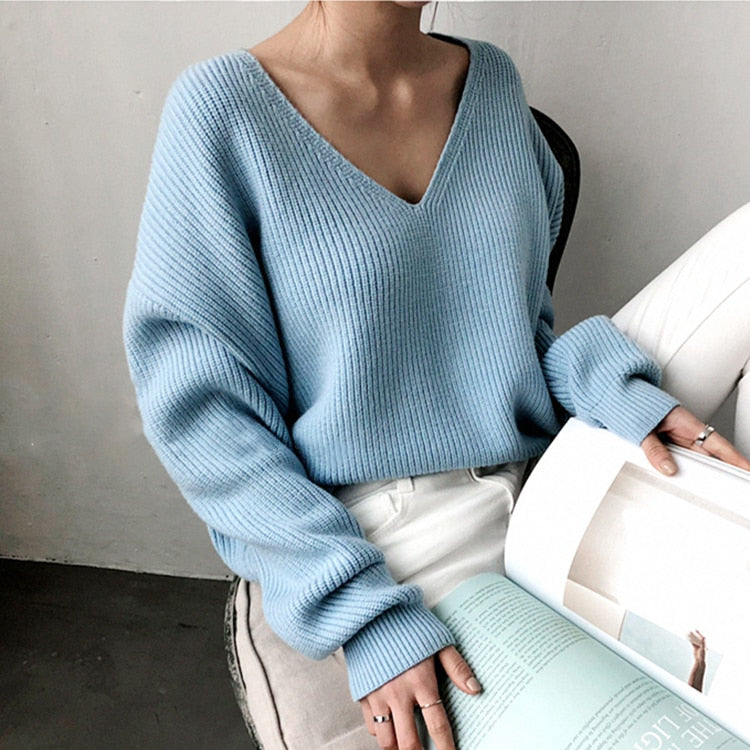 Women's Loose Style V Neck Sweaters