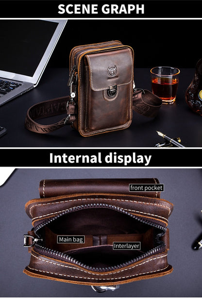 Multi-Functional Crazy Horse Leather Phone Waist Bag for Men – Cowhide Crossbody & Belt Bag