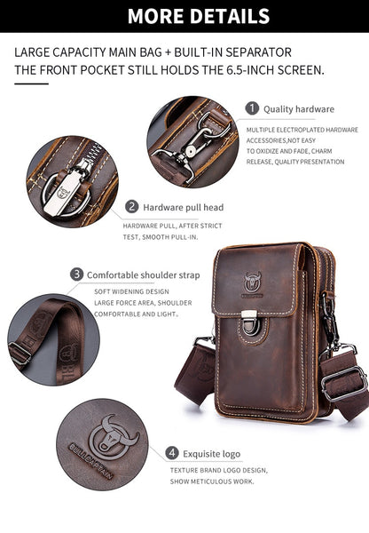 Multi-Functional Crazy Horse Leather Phone Waist Bag for Men – Cowhide Crossbody & Belt Bag