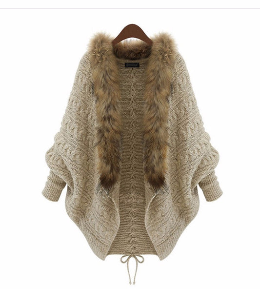 Women's Knitted Cardigan with Fur Collar, Bat Sleeve Loose Sweater Coat