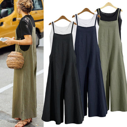 5XL Women Strap Loose Wide Leg Cotton Jumpsuit