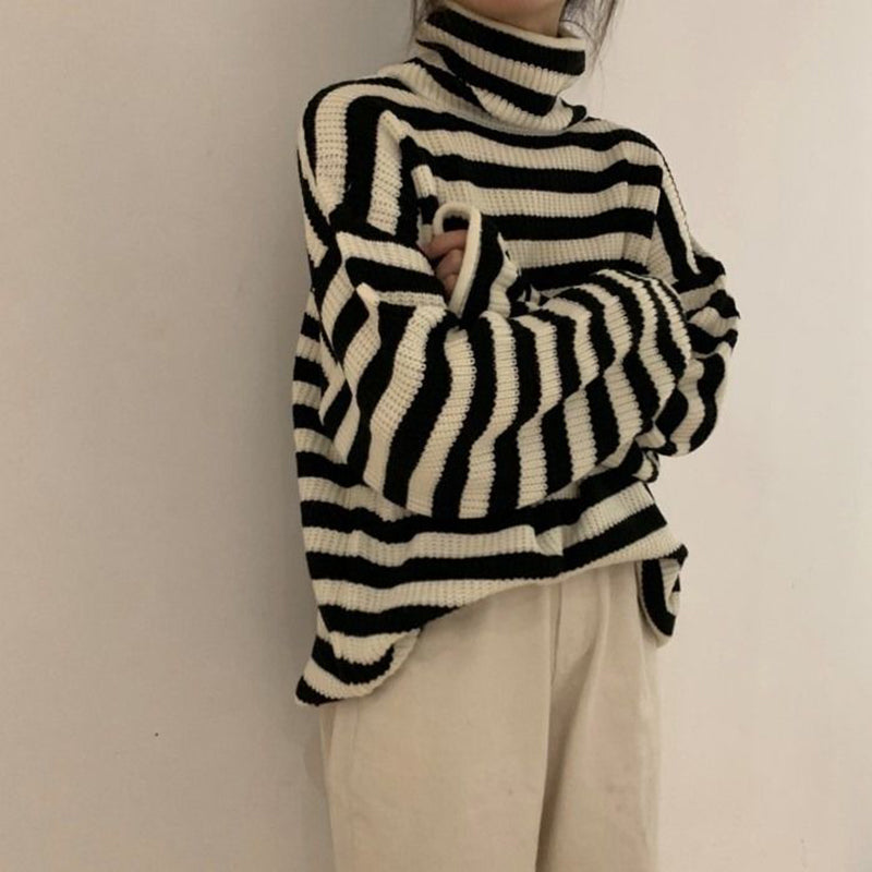 Loose Fit Striped Turtleneck Winter Sweater For Women