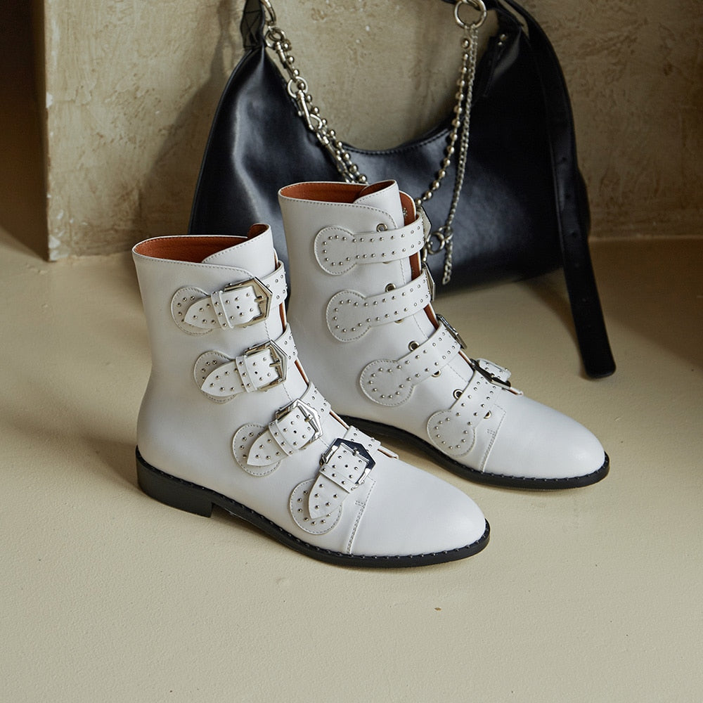 Buckle Strap Leather Thin Ankle Boots