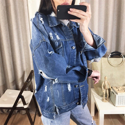 Women Frayed Ripped Denim Jacket