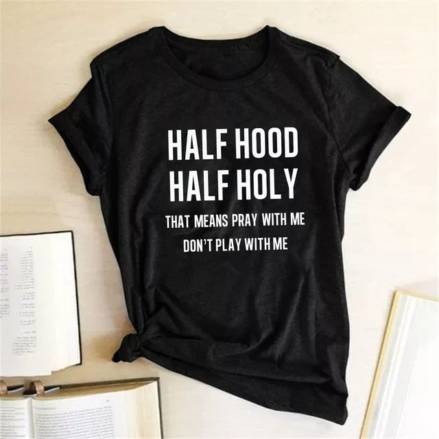 Womens Half Hood Half Holy Print Summer T-Shirts