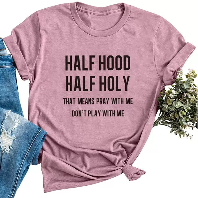 Womens Half Hood Half Holy Print Summer T-Shirts
