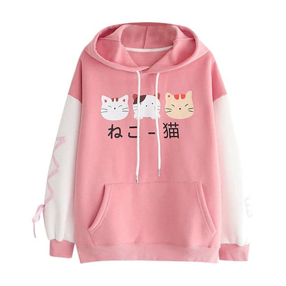 Cute Cartoon Cat Print Hoodie – Fleece Pullover Sweatshirt for Women, Spring & Autumn