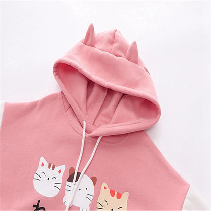 Cute Cartoon Cat Print Hoodie – Fleece Pullover Sweatshirt for Women, Spring & Autumn