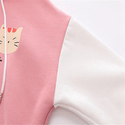 Cute Cartoon Cat Print Hoodie – Fleece Pullover Sweatshirt for Women, Spring & Autumn