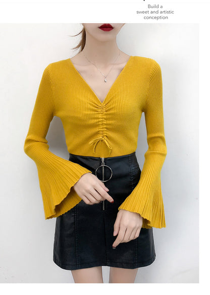 Women Drawstring V-Neck Thin Sweaters