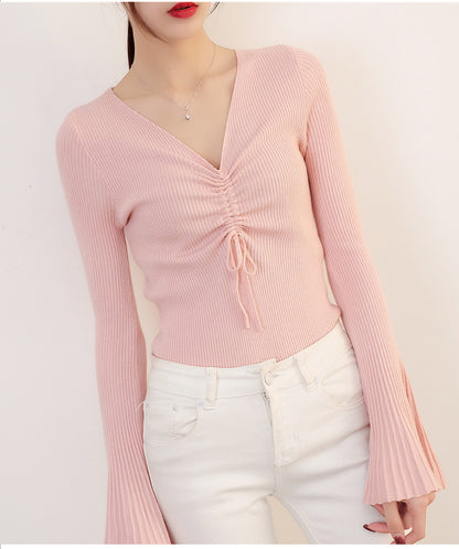 Women Drawstring V-Neck Thin Sweaters