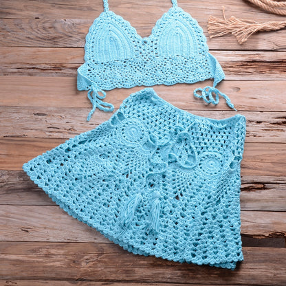 Women's Solid Knit Crochet Bikini Set | Hollowed Out Two-Piece Swimsuit, Halter Beachwear Swimwear