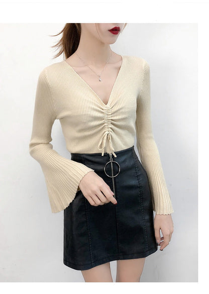 Women Drawstring V-Neck Thin Sweaters