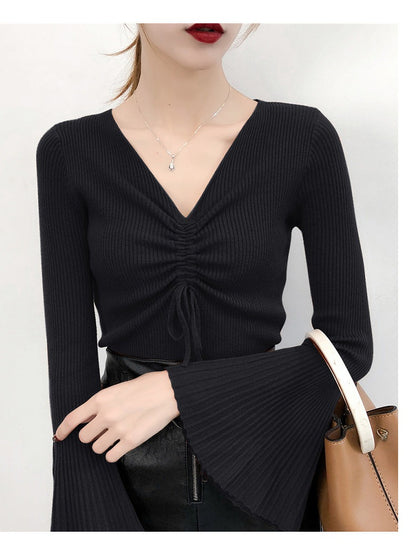 Women Drawstring V-Neck Thin Sweaters