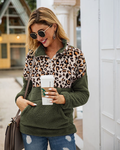 Women Half Leopard Zipper Sweaters