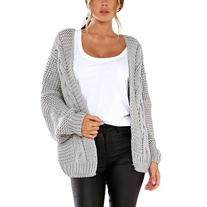 2025 Spring/Autumn Women's Medium-Length Cable Knit Cardigan | Casual Loose-Fit Solid Color Jacket