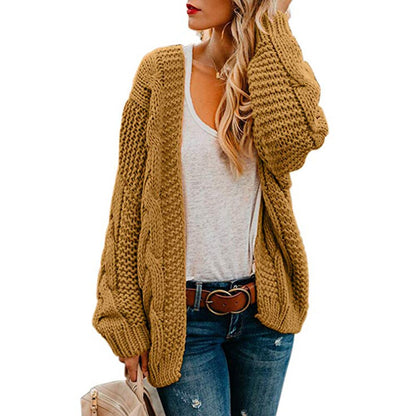 2025 Spring/Autumn Women's Medium-Length Cable Knit Cardigan | Casual Loose-Fit Solid Color Jacket