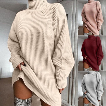 2025 Autumn Winter Knitted Sweater Dress – Medium-Length Raglan Sleeve Half Polo/Turtleneck Warm Top