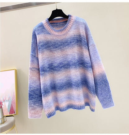 2025 Women's Angora Knitted Sweater – Gradient Stripe Color Block Pullover, Idle Style Chic Knitwear for Autumn/Winter