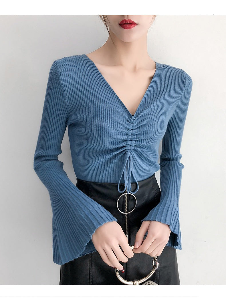 Women Drawstring V-Neck Thin Sweaters