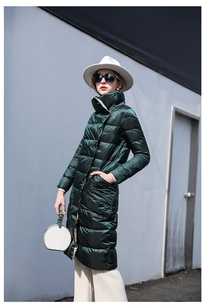 Women Super Long Zipper Stitching Slim Coat