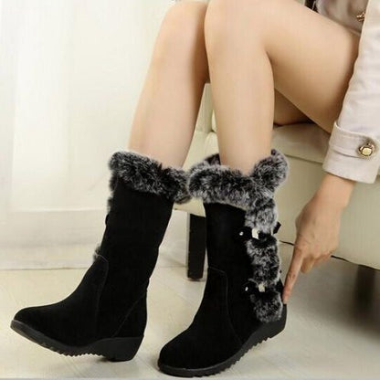 Winter Women's Boots – Casual Warm Fur Mid-Calf Boots, Slip-On Round Toe Wedges, Plus Size Snow Boots