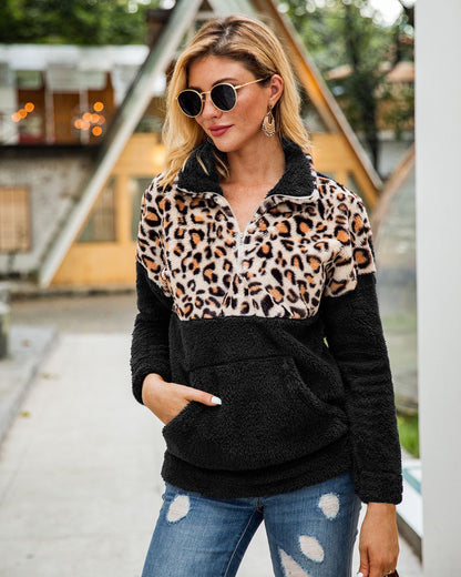 2025 Winter Women's Leopard Patchwork Fleece Sweater – Fluffy Thick Warm Zipper Pullover Sherpa Coat