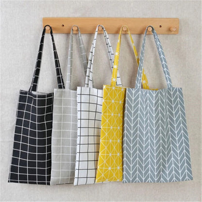 Plaid Handmade Cotton Linen Tote – Foldable Canvas Shopper & Shoulder Bag for Women"