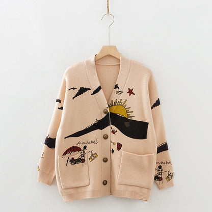 Japanese Style Nature Embroidery Cardigan Sweater