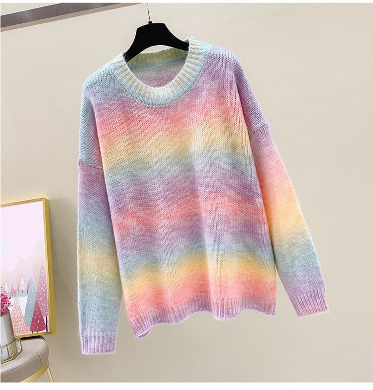 Women Rainbow Colorful Stripe Sweaters