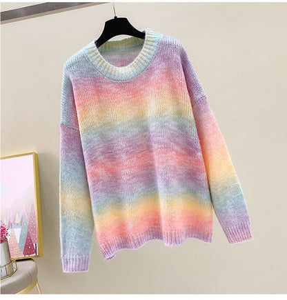 2025 Women's Angora Knitted Sweater – Gradient Stripe Color Block Pullover, Idle Style Chic Knitwear for Autumn/Winter