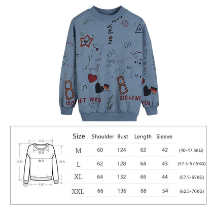 Women's Graffiti Print Sweatshirt – Loose Long Sleeve Pullover, 2025 Fashion Streetwear Casual Hoodie for Spring & Autumn