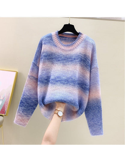 2025 Women's Angora Knitted Sweater – Gradient Stripe Color Block Pullover, Idle Style Chic Knitwear for Autumn/Winter