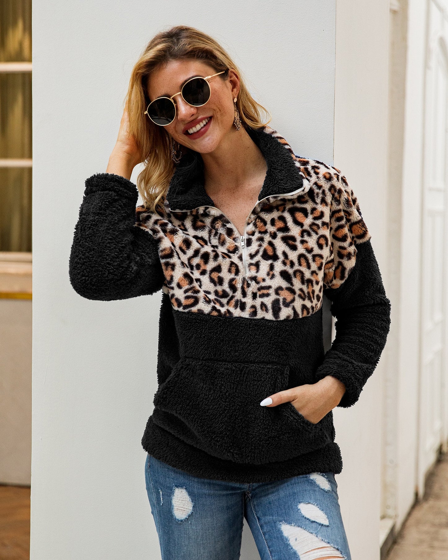 Women Half Leopard Zipper Sweaters