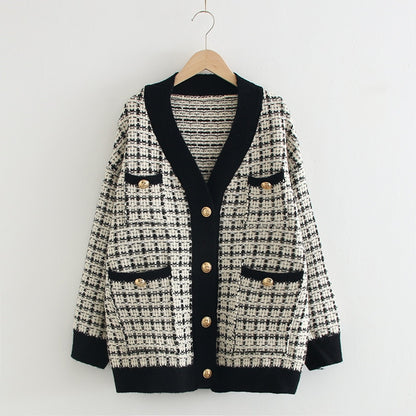 Black Edge Plaid Womens Winter Cardigan Sweaters