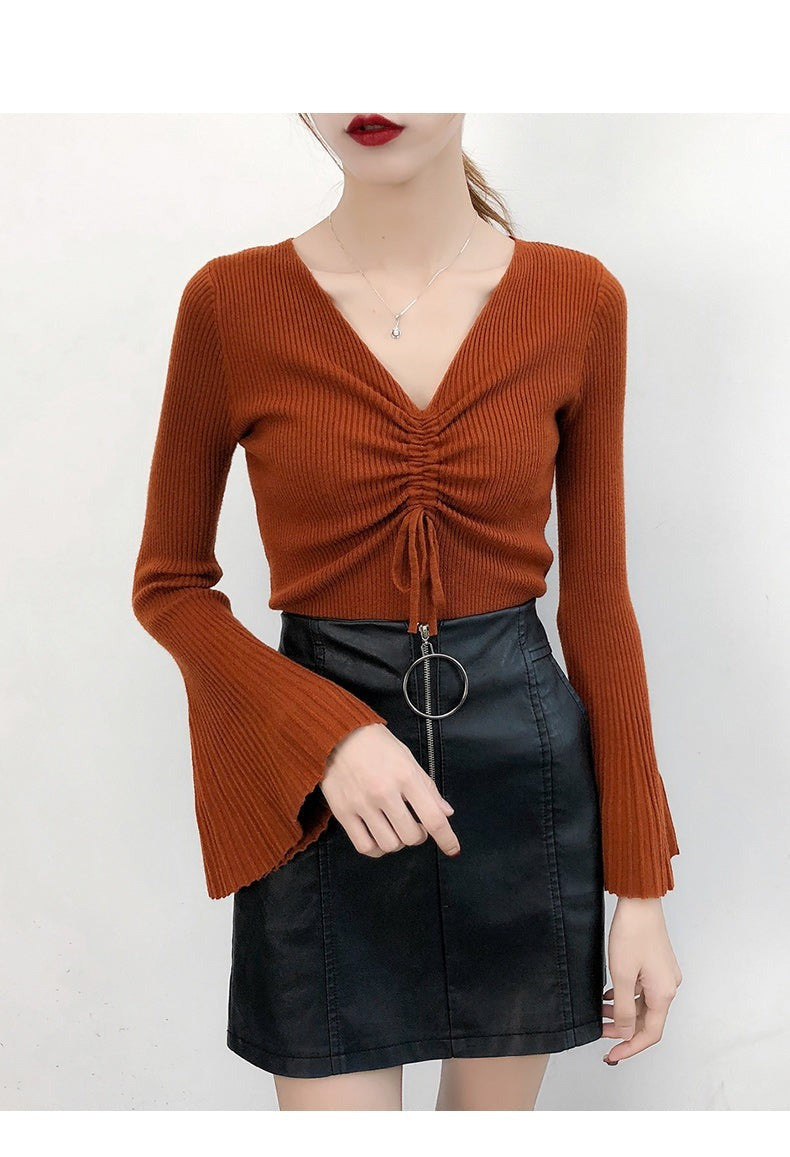 Slim Fit V-Neck Knitted Top – Sexy Long Sleeve Shirring T-Shirt for Women 2025 Fashion Solid Color Casual Autumn Wear