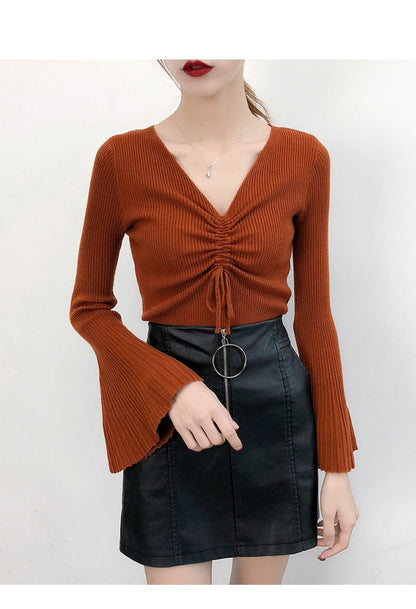 Women Drawstring V-Neck Thin Sweaters