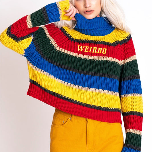 Women Contrast Stripes Turtleneck Sweater