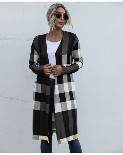 Plaid Fashion Unbuttoned Straight Long Cardigan