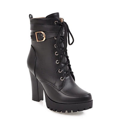 Trendy High Heel Cross Laced Up Mid Calf Boots