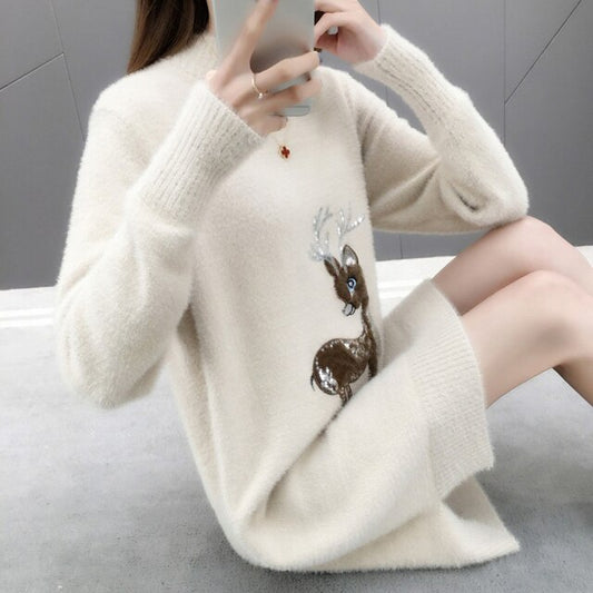 2025 Winter Korean Knit Sweater – Half High Collar Loose Pullover, Imitation Mink Velvet Embroidered Warm Top for Women