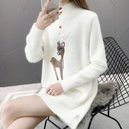 2025 Winter Korean Knit Sweater – Half High Collar Loose Pullover, Imitation Mink Velvet Embroidered Warm Top for Women