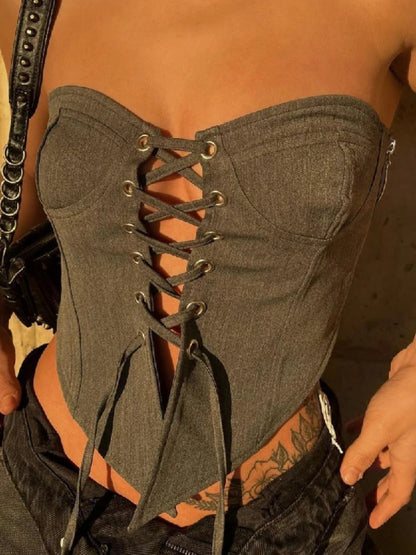 Sexy Sleeveless Strapless Cross Lace Up Crop Top